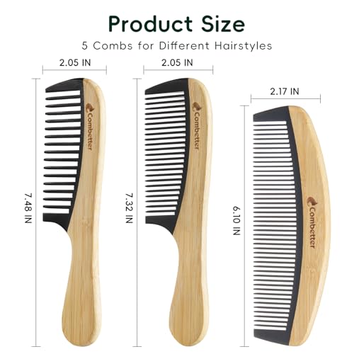 Bamboo Detangling Comb, Anti Static Comb for Curly, Thick, Think Hair & Beard, Eco-Friendly Durable Bakelite Infused Hair Comb for Women,Men (Wide Tooth with Handle)