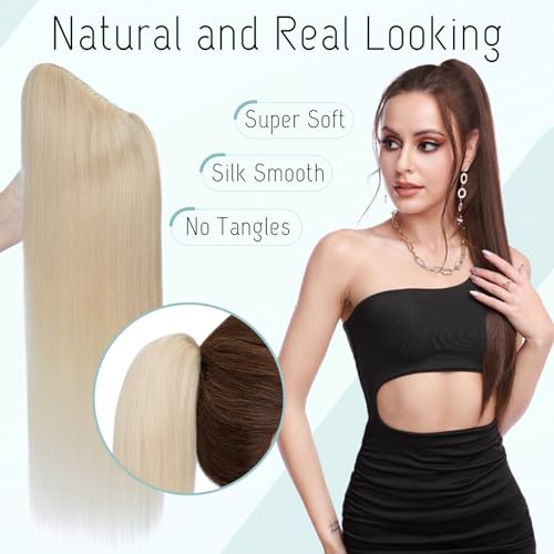 S-noilite Claw Clip Ponytail Extension Human Hair #60 Platinum Blonde Real Remy Human Hair Ponytail Extension 20inch Long Straight Hair Pony Tails Hair Extensions For Women 120Grams