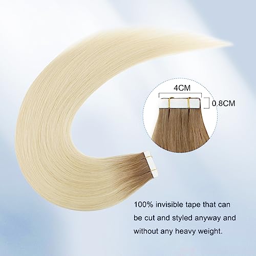 Sixstarhair Rooted Blonde Tape In Hair Extensions Human Hair Medium Brown Fading to Platinum Blonde Remy Hair Beautiful Hair for Women [Color R6-60#-16 inch]