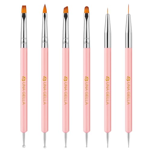UNA GELLA Nail Art Brushes Set 6PCS Pink Color Double-ended Nail Design Dotting Tools Nail Art Gel Polish Brushes for Gel Polish Lines, Nail Drawing Pen DIY Nail Art Supplies