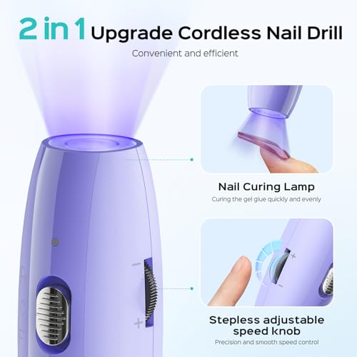 COSLUS Cordless Nail Drill Electric: 2-in-1 Nail File with Flash Cure for Acrylic Gel Dip Powder Nails, Stepless Control for Beginner Home DIY, Portable for Travel, Professional Pedicure Manicure Kit