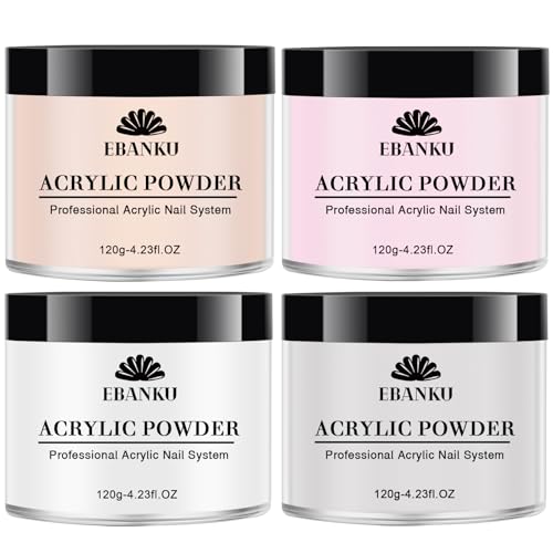EBANKU 4 Colors Acrylic Powder Set Nude Pink White Clear Acrylic Nail Powder Acrylic Powder for Acrylic Nail Extension Nail Carving, Long-Lasting, No Nail Lamp Needed, Large Capacity 4.23oz*4