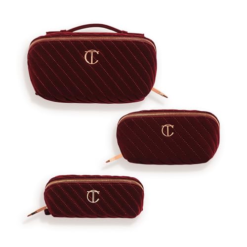Charlotte Tilbury Travel Makeup Bag of My Dreams - Quilted Velvet Skincare, Fragrance & Cosmetic Organizer with 5 Compartments, Zip Pocket & Top Handle - Iconic Night Crimson Toiletry Bag