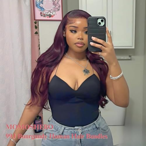 99j Dark Burgundy Body Wave Bundles Human Hair 26 Inch, 12A Soft And Shiny Red Wine Colored Bundles 100% Brazilian Virgin Remy Hair Sew In Weave Single Human Hair Bundle Chic #99j Color