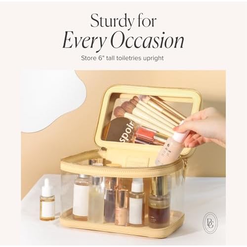 Clear Travel Makeup Bag for Women Organizer with Handle Beige, Extra Large Transparent Makeup Bag Toiletry Organizer with Zipper, Clear Cosmetic Travel Bags for Women Skincare Organizer for Traveling