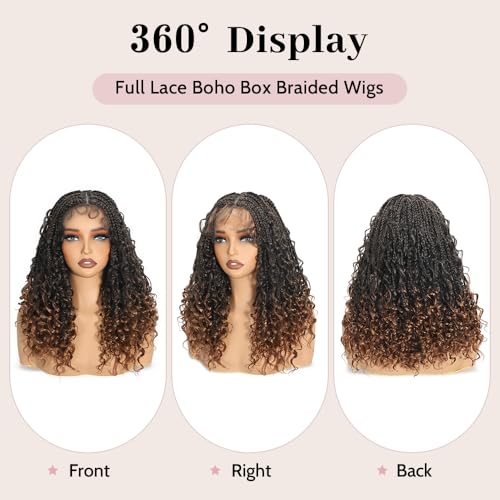 Short Boho Braided Wigs for Black Women Glueless Double Full HD Lace Human Hair Blended Braid Wig with Bohemian Curly Ends Goddess Boho Box Braids Wig (Dark Brown, 16 Inch)