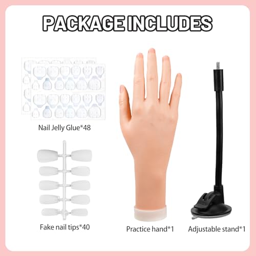 Silicon Practice Hand for Acrylic Nails, Realistic Fake Hand with Stand, 40 Nail Tips and 48 Adhesive Tabs, Reusable & Flexible Mannequin Training Model for Manicure & Nail Art Practice