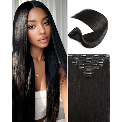 16A Premium Clip in Hair Extensions Real Human Hair, 20inch 120g 7pcs £¨Service life1.5~2 years£©Remy Seamless Invisible Double Weft Human Hair, #1 Natural Black Multiple Washes Keep Texture Soft