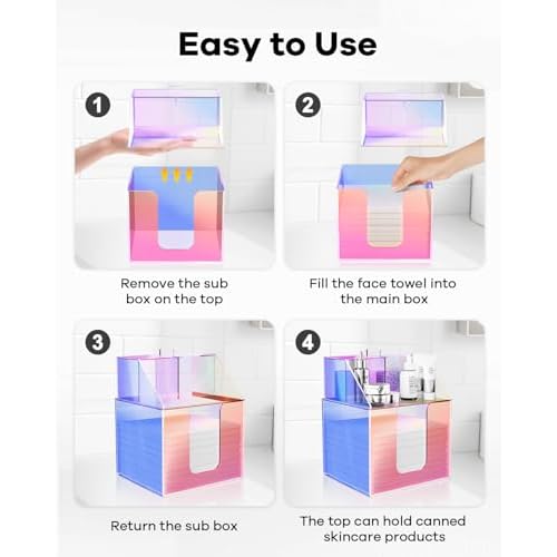 Disposable Facial Towels Storage Box Compatible with Clean Skin Club Clean Towel XL - Cotton Pads - Swabs Upgraded Double Layer Acrylic Storage Container Face Towel Holder (Glossy Rainbow)
