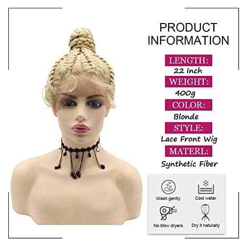 Blonde Braided Wig for Black Women Synthetic Fully Handmade 7 Box Braided Swiss Lace Wig with Baby Hair Heat Resistant High Ponytails Lightweight Braids Wig Party Makeup Costume