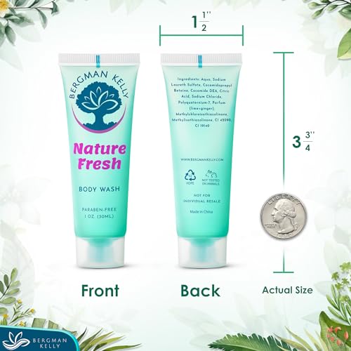 BERGMAN KELLY Travel Size Body Wash (1 fl oz, 100 PK, Nature Fresh), Delight Your Guests with a Refreshing & Soothing Hotel Body Wash, Quality Mini and Small Size Guest Hotel Toiletries in Bulk
