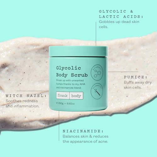 frank body Glycolic Acid Body Scrub | Fights KP & Breakouts, Spots & Tighten Pores | Reduces Acne with Niacinamide & Soothes with Witch Hazel | Glycolic Acid & Pumice | 8.82 oz | Pack of 1
