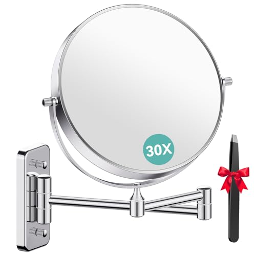 Auxmir 1X/30X Wall Mounted Makeup Mirror, 30X Magnifying Double-Sided Mirror with Tweezers, Bathroom Vanity Makeup Mirror, Cosmetic Mirror with 360 Rotation Extendable Swivel Arm, Chrome