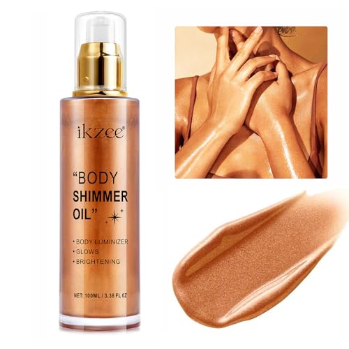 Body Shimmer Oil 100ml, Long Lasting Moisturizing Face & Body Luminizer, Waterproof Liquid Illuminator, Shimmer Glitter Oil Highlighter (#04 Golden Brown)