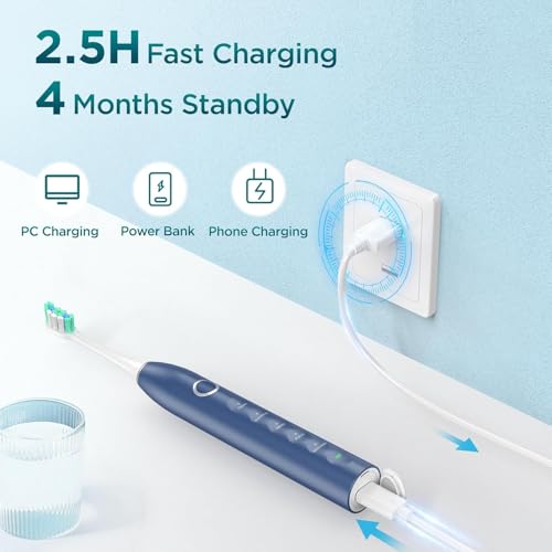 Electric Toothbrush for Adults with 8 Brush Heads, Sonic Toothbrush Rechargeable with a Holder & Travel Case, 2.5 Hours Charge for 120 Days Use - Blue