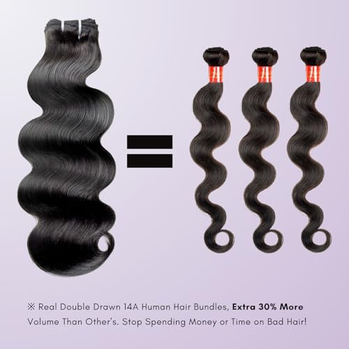 14A Raw Human Hair 3 Bundles Body Wave (18 20 22 Inch), 14A 100% Thick Soft Double Drawn Raw Indian Human Hair Bundles Long Lifespan No Tangle Premium Full-Bodied Quick Weaves #Natural Black