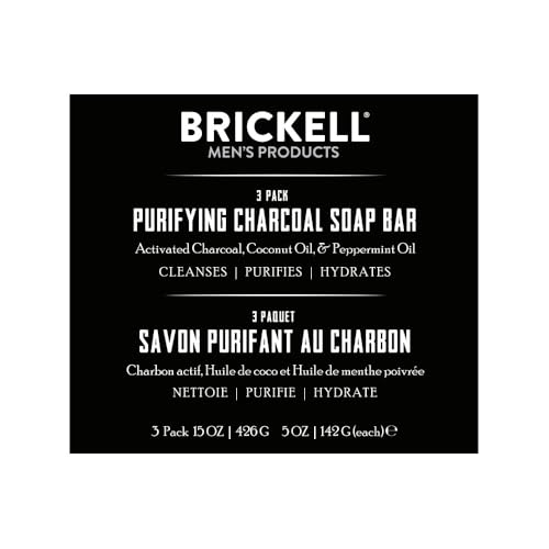 Brickell Men's Purifying Charcoal Soap Bar for Men (3 Pack), Natural and Organic, Exfoliating Bar Soap Handmade with Activated Charcoal and Peppermint Scented, 5 Ounce Bar (3 Pack)