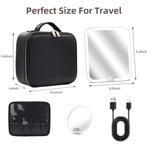 Makeup Bag with Magnetic Detachable Lighted Mirror 360¡Æ Swivel Angle, Travel Makeup Bag with Lights Portable Makeup Case Organizer with Mirror, Partition Cosmetic Bag Tools Accessories Train Case Gift