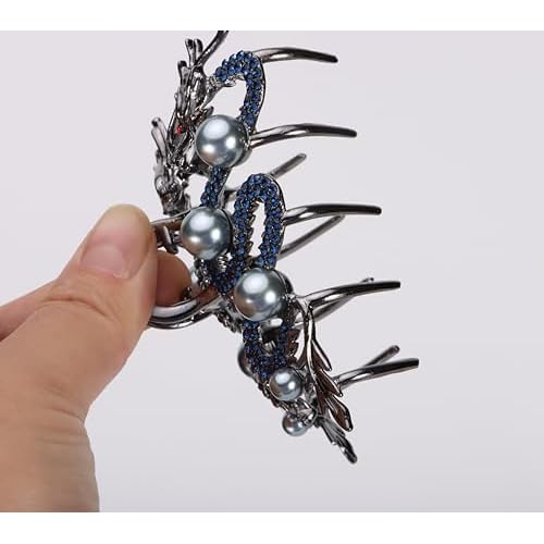 Fashionable Dragon Metal Claw Clips for Women Blue Rhinestone & Pearls Silver Alloy Halloween Decorative Clips Hair Accessories Birthday New Year Gifts