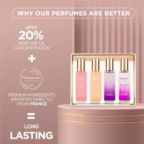 BellaVita Luxury Women's Perfume Gift Set (4x20ml) | Notes of Floral, Sweet, Spicey Red Fruit, Vanilla & Musk | DATE, SENORITA, GLAM & ROSE | French Parfum Collection Gift Set