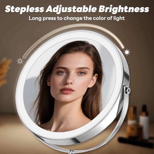 10x/1x Lighted Vanity Makeup Mirror, 2000mAh Rechargeable Height Adjustable Double Sided, Magnifying Mirror with 3 Color Light, Brightness Adjustable, 360¡Æ Rotation, Women Gift