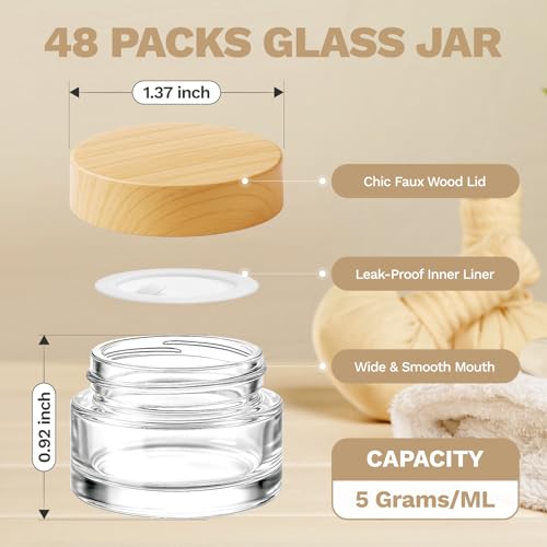 Bumobum 48 Pcs 5 Grams Glass Cosmetic Jars with Plastic Wood-Grain Lids, 5 ml Lip Balm Containers Empty Tiny Sample Jars for Lip Scrub Makeup Eye Cream Travel