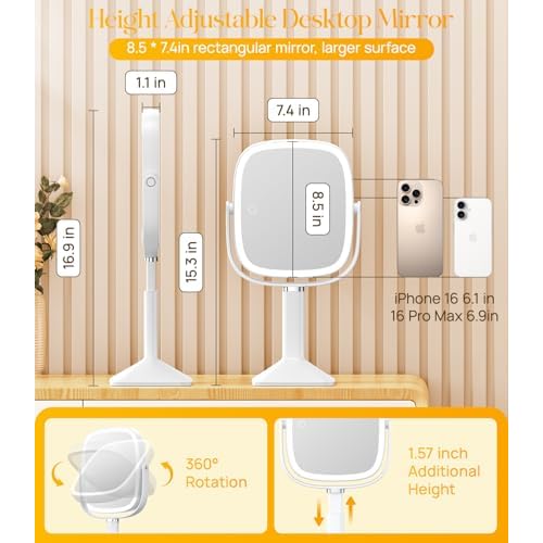 Gospire Rectangle Lighted Makeup Mirror with Lights and 1X/7X Magnifying Mirror, Height Adjustable and 4000mAh Rechargeable for Bedroom, 8.5¡±x7.4¡± Large Surface, Stepless Dimming - White