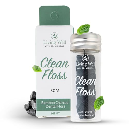 Living Well Bamboo Charcoal Dental Floss ? Natural, Vegan, Biodegradable, PFAS-Free ? Eco-Friendly Floss with Glass Jar ? Zero Waste Oral Care