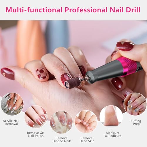 OWill Electric Nail Drill Professional, 35000RPM Rechargeable Machine With LED Display, Portable Electric File for Salon Home Kits, Pink