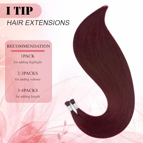 Senmy Burgundy Red I Tip Hair Extensions 20inch Cold Fushion I Tip Hair Extensions Human Hair, 50g Invisible Microbead Extensions Human Hair
