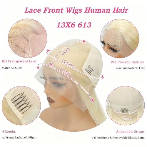 Blonde Bob Wig Human Hair 180% Density 613 Straight 10 Inch Short Bob Wigs 13x6 HD Transparent Lace Front Wig Human Hair Pre Plucked With Baby Hair Glueless 613 Blonde Lace Frontal Wigs For Women