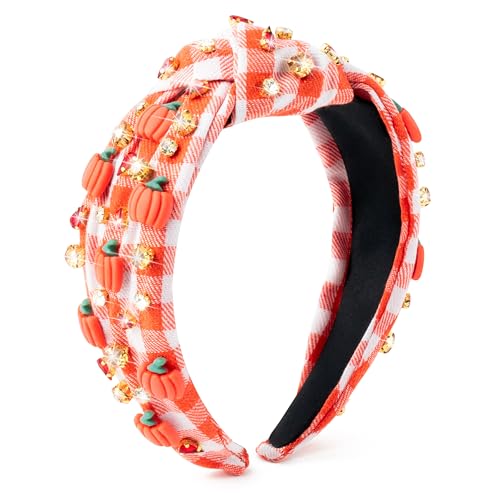 PANTIDE Thanksgiving Fall Jeweled Knotted Headband - Pumpkin Rhinestone Crystal Embellished Headband Wide Top Knot Fashion Hairband Hair Accessories Autumn Birthday Gift for Women Girls(Plaid Pumpkin)