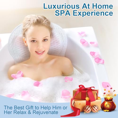 Bath Pillows for Tub Luxury Bathtub Pillow for Neck and Back Support, Soft Bath Tub Pillow Headrest Washable with 4D Mesh & Non-Slip Suction Cups, Relaxing Bath Accessories Spa Gifts for Women (White)