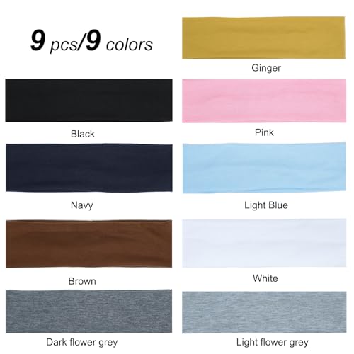 9Pcs Headbands for women Non Slip Headband, Soft Elastic Hair Bands for Women's Hair, Fashion Cotton Cloth Stretchy Sweat Bands Headbands for Sports, Makeup, Gym, Running, Yoga, Workout (9Colors-A)