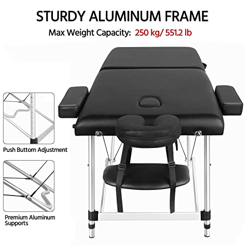 Yaheetech Massage Tables Portable Massage Bed Aluminium Height Adjustable Facial Salon Tattoo Bed with Non-Woven Bag, 28 inch Width Black