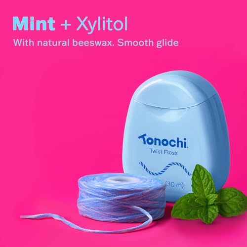 Twist Woven Dental Floss, Two-Tone Color-Tint Fibers for Visible Plaque Tracking, Braided & Shred-Resistant, Smooth Glide, Gentle on Gums, Mint + Xylitol Freshness, 3-Pack (33 yd Each)