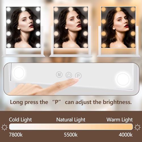 Lighted Makeup Mirror, 14"x 12" Hollywood Vanity Mirror with 9 LED Bulbs, 3 Color Lights, and Detachable 10X Magnification Mirror, 1200mAh Rechargeable, Touch Control, 360¡ÆRotation (White)
