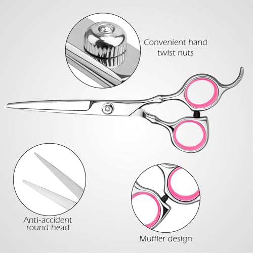 Professional Home Hair Cutting Kit - Quality Home Haircutting Scissors Barber/Salon/Home Thinning Shears Kit with Comb and Case for Men and Women (Pink)