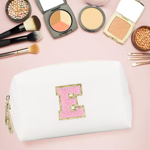 Initial Makeup Bag,Personalized preppy bag Waterproof PU Leather Chenille Letter Cosmetic Bag,Portable Travel Toiletry Bag Monogram Birthday Gift for Women Girls Mom Friends (Letter E)