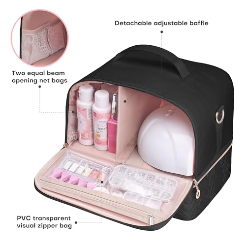 Leudes Nail Polish Organizer and Storage Holder 42 Bottles&Manicure Kit &Nail Lamp,Nail Stuff Bag Organizer Travel Case for Nail Tech Supplies Accessories Manicure Tools (Black)