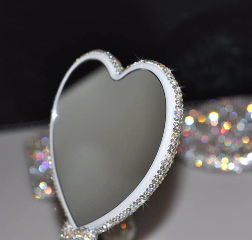 Wowagoga Sparkling Rhinestone Heart Shaped Handheld Mirror Heart Mirror Cosmetic Hand Mirror with Handle Cute Hand Mirror for Women Girls(White)