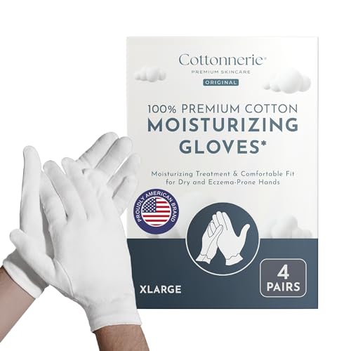 4 Pairs Cottonnerie Original Cotton Gloves for Dry Hands Sleeping, Moisturizing Gloves Overnight, Hand Moisturizer Gloves, Moisture Gloves for Dry Hands Overnight, Sleeping Gloves, X-Large