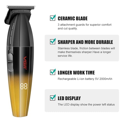 VGR 906 Fresh Fade Professional Hair Trimmer, 9000rpm Zero Gapped Beard Trimmer for Men, DLC T-Blade Cordless Hair Clipper for Barbers and USB Rechargeable, Gold