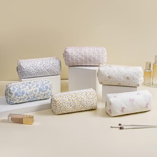 Cute Floral Cotton Makeup Brush Cosmetic Bag for Women, Travel Quilted Zipper Make Up Bag, Flowers Toiletry Organizer Case Kawaii Makeup Cosmetic Travel Cloth Pouch (Pink Floral)