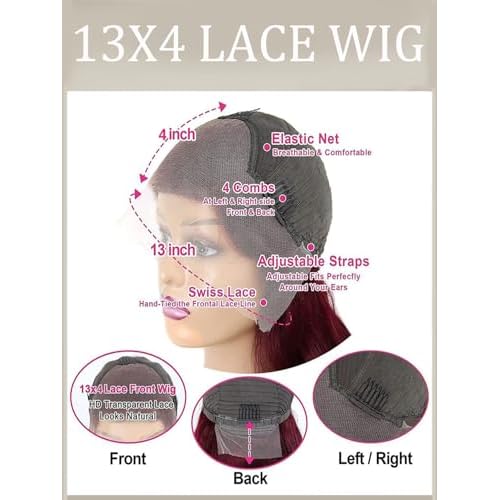 99J Burgundy Kinky Straight Lace Front Wigs Human Hair Yaki Straight Human Hair Wigs for Women Brazilian Remy Hair Wigs Wine Red Colored Pre Plucked with Baby Hair 14 Inch