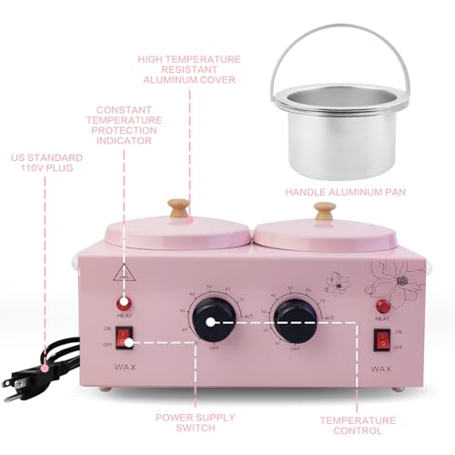 Portable Wax Warmer with Adjustable Temperature and 40 Wax Sticks - Painless Hair Removal for Women and Men (Pink-Double Pots)