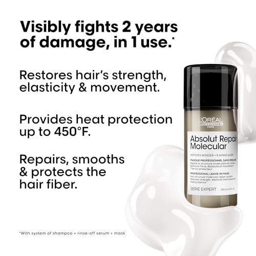 L'Or?al Professionnel Paris Absolut Repair Molecular Leave In Mask - Smooths and Strengthens Hair For All Damaged Hair Types, Protects from Heat