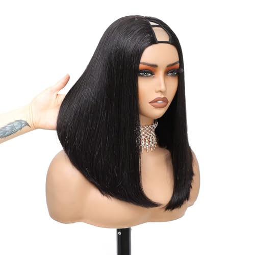 V Part Wig Human Hair Bob Wig 14inch Brazilian Remy Hair Short Bob Human Hair Glueless Wig Upart Bob Wigs For Black Women Upgrade U Part Wig No Sew in No Glue Natural Black Color