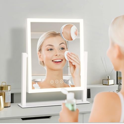 Vanity Mirror with Lights, Makeup Mirror with Lights Three Color Lighting Modes, Dimmable Touch Screen, Detachable 10X Magnifying Mirror, 360¡ÆFree Rotation,White