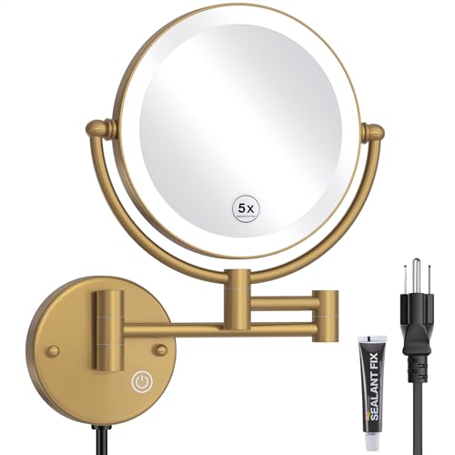 Lighted Makeup Mirror Wall Mount, 5X LED Double Sided Bathroom Magnifying Mirror with Light, Touch Sensor Dimming, Extendable Swing Arm 360 Swivel Shaving Cosmetic Mirror